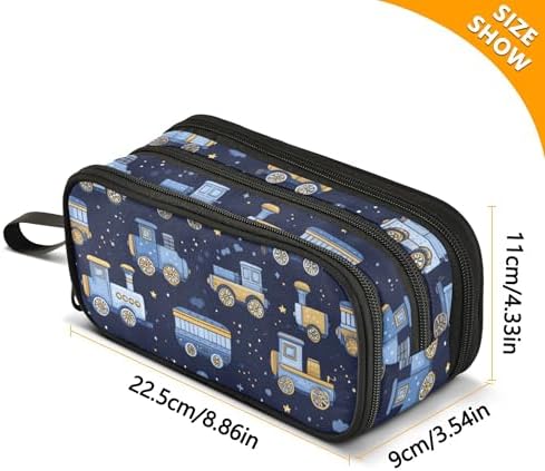 Fisyme Trains Cute Blue Pencil Case Large Capacity Pen Box Makeup Pouch Holder Organizer Stationery Bag for School Office College Traval