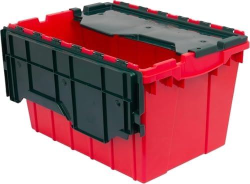 Akro-Mils KeepBox 12 Gal Storage Box, Lid Attached, Stackable, Red/Green