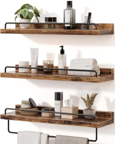 Seocry Bathroom Shelves, Wall Shelf Set of 3, Floating Shelves, Shelves for Room Wall, Bathroom Decor (Rustic Brown, 15.