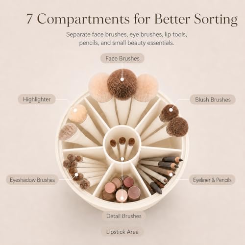 EACHY Makeup Brush Holder with Lid, Rotating Makeup Brush Organizer, Beige