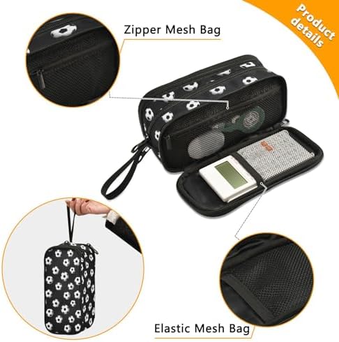 Wfrish Football Soccer Ball Black Large Capacity Pencil Case, 3 Compartments Pen Pouch Organizer for School College Office, Zippers Big Pencil Bag for Teens Adults Girls Boys Makeup