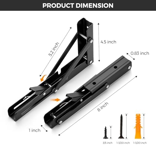 JOY DECOR Matte Black Folding Shelf Brackets, 8 Inch, 4 Pack