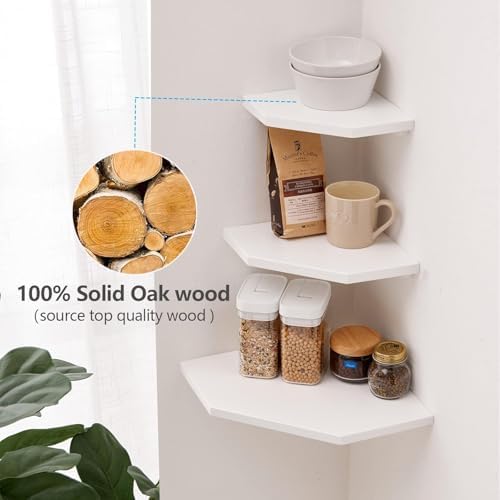 Corner Wall Shelves Set 2 Wire Hole Solid Oak Wood Display Shelf ,White