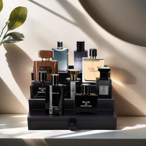 4 Tier Men's Cologne Organizer, Black Wooden Display Stand with Drawer
