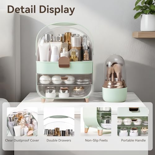 Makeup Organizer for Vanity with Brush Holder, Lid and 2 Drawers, Green