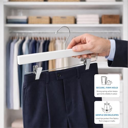 ZOBER Wooden Pants Hangers with Clips, Clothes Hangers, White, 10 Pack