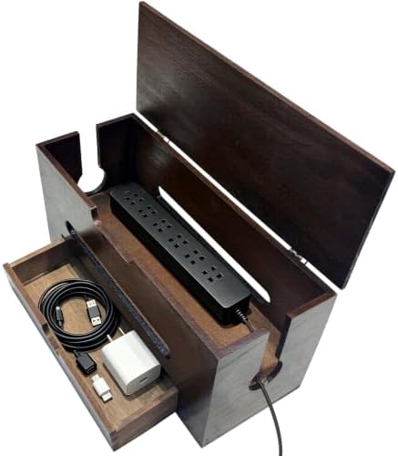 Cable Management Box with Storage Drawer, Wooden Cord Organizer Box