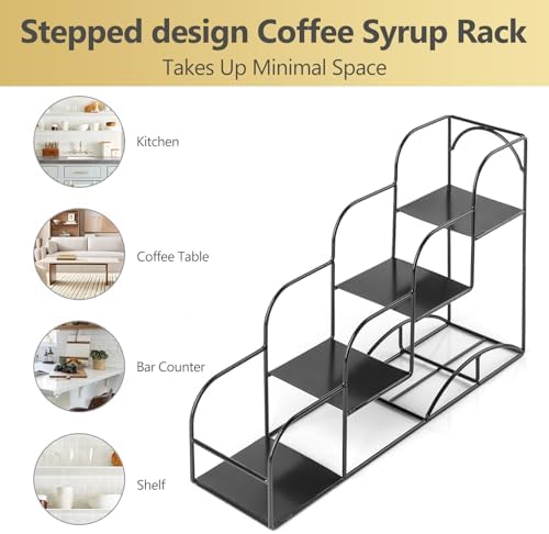 Syrup Rack for Coffee Bar Accessories, Iron 4 Compartment Bottle Organizer, Countertop Display Storage Shelf Bottle Stan
