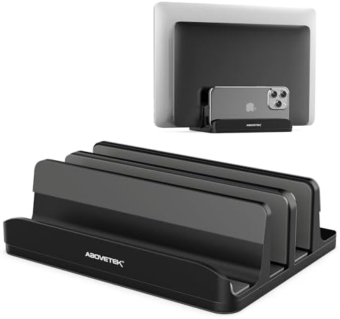AboveTEK Vertical Laptop Stand Holder, 3 Slots Aluminum Desk Stand with Adjustable Dock Size for Tablet, MacBook, Phone 