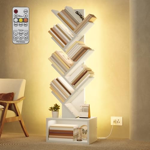 Hoctieon 6 Tier Tree Bookshelf with LED Lights, Small Bookcase, Freestanding Book Shelf, Display Floor Standing Storage 