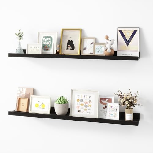 Acovy 36 inch Picture Ledge Shelf, Wood Floating Shelves, Black, Set of 2
