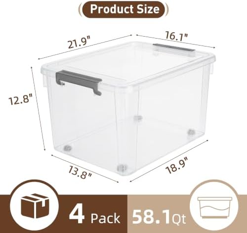Citylife 4-Pack 58.1 QT Clear Plastic Storage Bins with Latching Lids