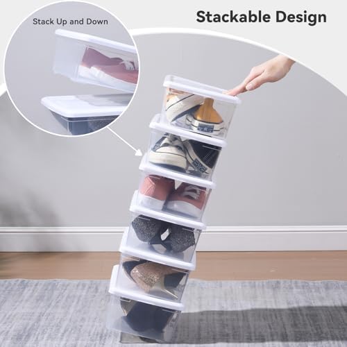 novelinks 12 Pack 6QT Plastic Storage Bins with Lids, Shoe Boxes (White)