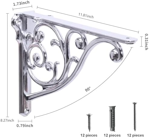 Khtumeware Ornate Decorative Shelf Brackets, 12 inch Big wall Mounted Shelving Bracket, 4 Pack Polished Chrome Vintage M
