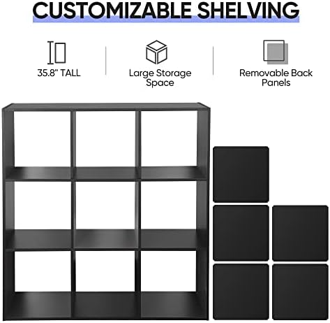 JupiterForce 9 Cube Storage Organizer Wooden Display Shelf W/ 5 Removable Back Panels, Customizable Bookcase Bookshelf f