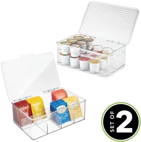 mDesign Plastic Stackable Divided Storage Organizer with Lid for Tea Bags and Coffee Pods in Kitchen Cabinet, Countertop