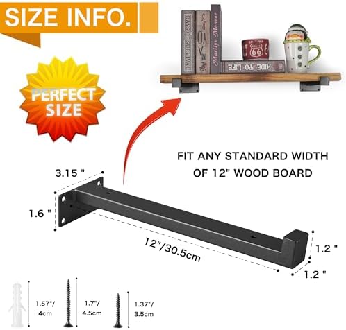 EZYDECOR 6Pcs Heavy Duty Shelf Brackets with Lip Black 12"/300mm