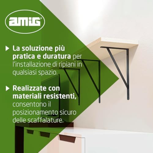 Amig, Pack of 4 Shelf Brackets Color Black, Bracket for Shelves 500 x 325 mm, Heavy-Duty Steel: up to 185 kg