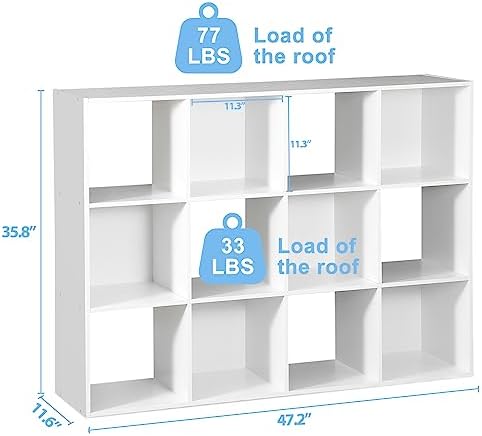 SUPER DEAL 12-Compartment Open Shelf Bookcase, 47 inch Wide Cube Storage Cabinet Wood Cubical Bookshelves Display Unit w