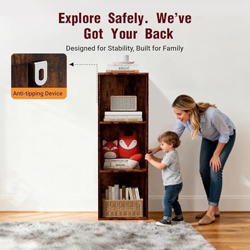 Book Shelf, Wooden Cube Storage Organizer with 11" Open Cubes, Stackable Bookcase for Room Divider Storage, 3 Tier Books