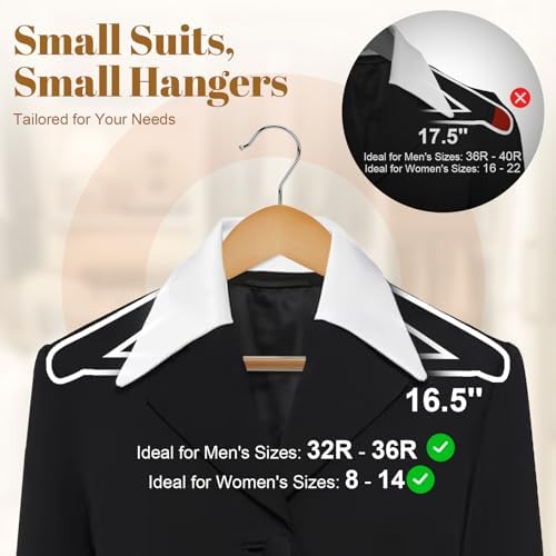 HOUSE DAY Wooden Suit Hangers 6 Pack，Heavy Duty Wide Shoulder Wooden Hangers, Solid Wood Coat Hanger with Non-Slip Pant Bar for Petite Adults, Teens and Small Suits, Coats, Jackets (Natural，16.5'')
