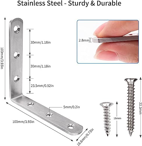 YUMORE 4x4 Inch L Bracket, Heavy Duty Corner Brace, Stainless Steel, 4 Pack