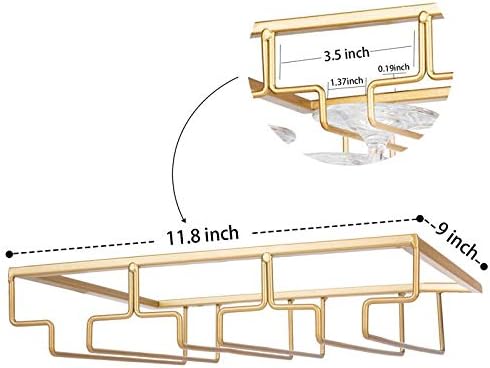 FOMANSH Wine Glass Rack - Under Cabinet Stemware Wine Glass Holder Glasses Storage Hanger Metal Organizer for Bar Kitchen Gold
