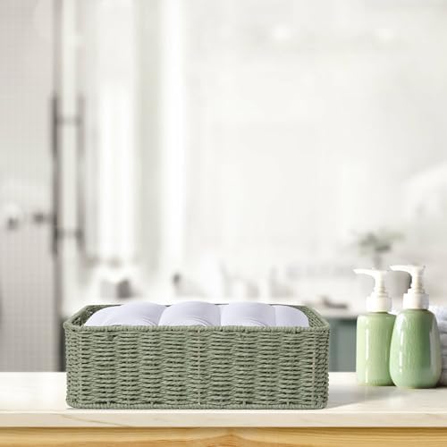 Rectangular Woven Paper Rope Storage Baskets for Shelves(Green)