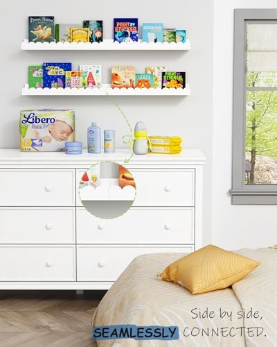 White Scalloped Nursery Floating Shelves for Wall, Scallop Kids Book Shelf