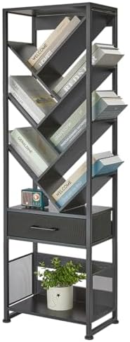 Bookshelf with Drawer,10 Tier Tree Bookcase Retro Floor Standing Bookshelves,Tall Wood Bookcases with Cabinet Storage Or