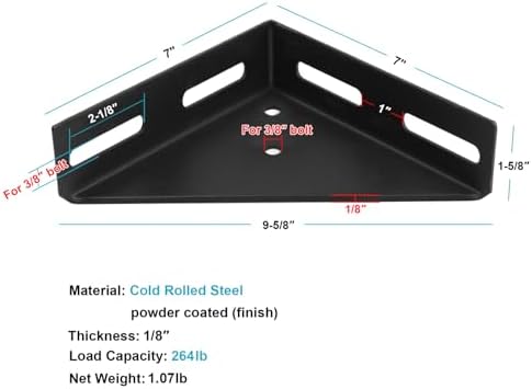 heneng 4 Pcs Corner Brace Brackets,7" x 7", Triangle Shelf Bracket,Max Load 264 lbs/Each,1/8" Thick (Pack of 2)