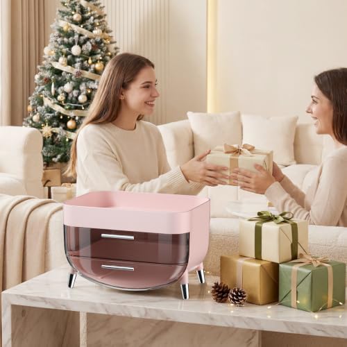 Jywantful Makeup Organizer for Vanity, Pink Skincare Storage with 2 Drawers