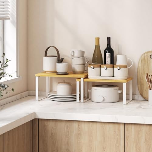Kitchen Cabinet Organizer Shelf Set of 4, Sturdy Kitchen Counter Shelves with Metal Legs, Stackable Expandable Wood Spic