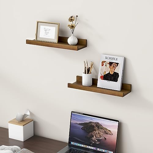 16 Inches Floating Shelves for Wall, Solid Pine Wood Picture Ledge Shelves, Walnut Wall Shelves with Lips, Nursery Book Shelves for Toys Storage Living Room Bedroom Photo Frames (2 Pcs, Walnut)