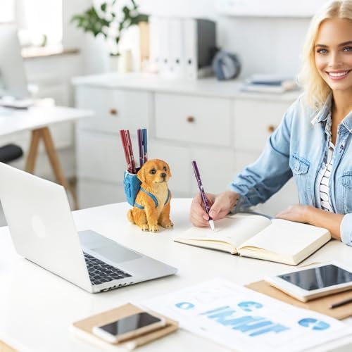 Cute Golden Retriever Pen Holder, Resin Dog Pencil Holder for Desk