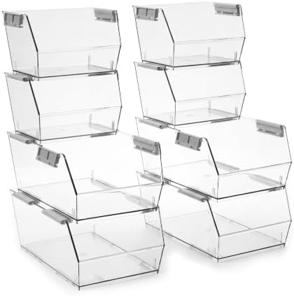 HOMESTEAD Set of 8 Stackable Storage Bins, 4 Large + 4 Small Clear Plastic Organizer Bins, Open Front Design for Kitchen