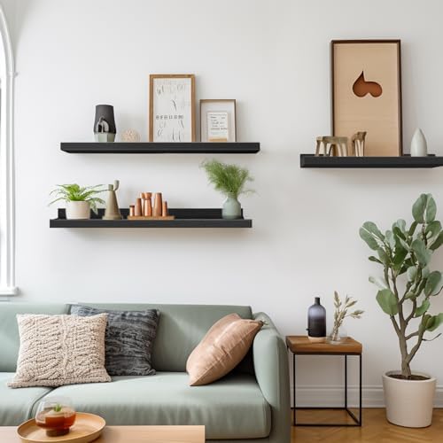 LaVie Home 23.6-Inch Black Floating Shelves for Wall Storage Set of 4 - Modern Minimalist Picture Ledge Shelf Wall Decor for Kitchen, Bedroom, Bathroom, and Living Room