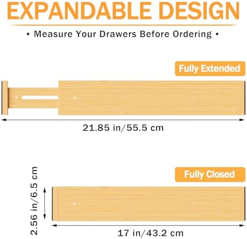 Bamboo Drawer Dividers Organizers, 2.56" High, 17"-21.8" Adjustable, 8 Pack
