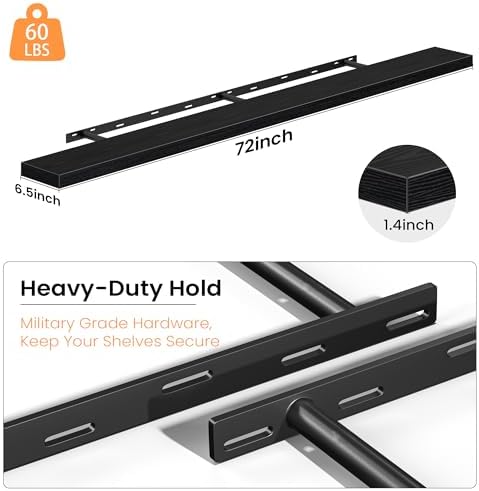 72 Inch Floating Shelves for Wall, Rustic Wood Wall Mounted Deep Storage Shelves with Invisible Brackets, Panoramic Deco