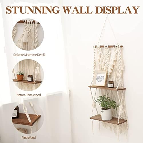 2-Tier Macrame Wall Hanging Shelf & Boho Decor, Wooden Floating Shelves