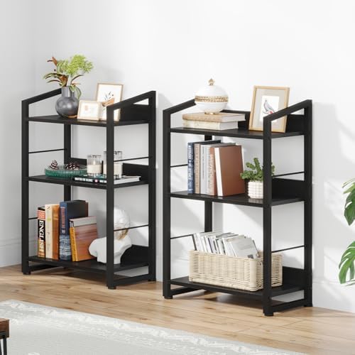 Hosfais Book Shelf Small Bookshelf: 3-Tier Wood Bookcase Industrial Bookshelf with Edge Protection Metal Narrow Bookcase