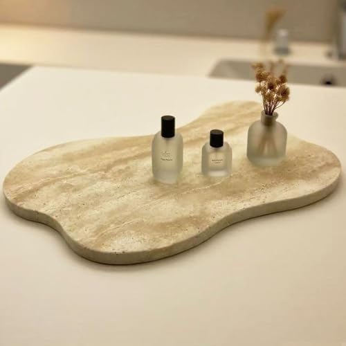 Cloud Shaped Travertine Vanity Tray, 13.3 x 8.3 Inch Natural Stone Decorative Catchall Tray for Bathroom Countertop, Bei
