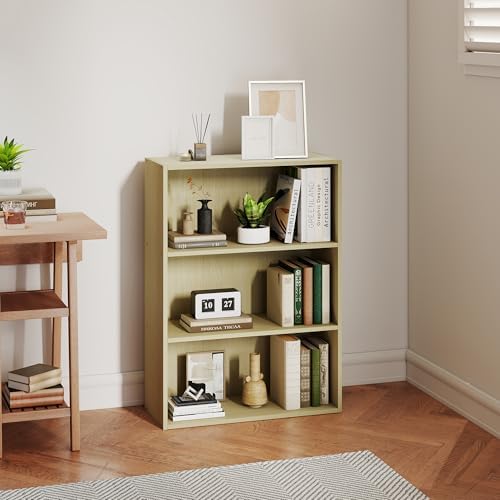 Wood Standing Book Shelf, Three Tier Open Shelf Bookcase, Wide Bookshelf for Living Room, Office, Bedroom, Milky White