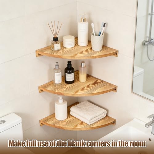 Corner Shelf Wall Mount, Set of 3 Floating Corner Shelf with Cord Hole 3 Tier Wood Wall Display Rack Storage for Bathroo