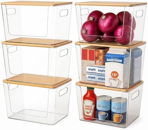 CiWiVOKi 6 Pack Clear Stackable Storage Bins with Bamboo Lids, Trash Bag Holder Dispenser Under Sink Organizer for 4-13 