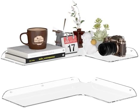 Sezanrpt 11.4x16 Inch Acrylic Corner Floating Shelf Set of 2, White Corner Wall Shelf for Home Décor, Speakers, Security