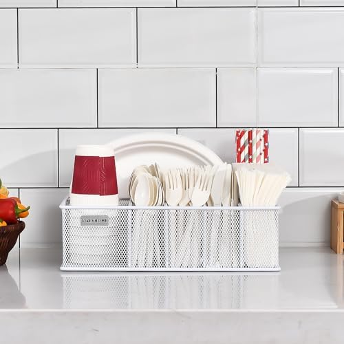 VIKEYHOME Paper Plate Organizer, Metal Silverware Caddy, White