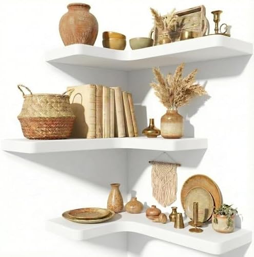 16 Inch Solid Wood Floating Corner Shelves, 3 Pack, Classic White