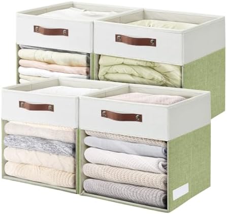 Bagnizer Storage Cubes, 4 Pack Linen Foldable Storage Bins (13 x 13 inch) with Clear Window and Handles, Fabric Organizer for Shelf Closet, Clothes, Books - (Green and White)