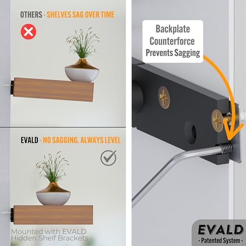 EVALD LevelMate™ Titan-Mount 6 Inch Floating Shelf Brackets, Heavy Duty Hidden Shelf Brackets for Floating Shelves, Blac